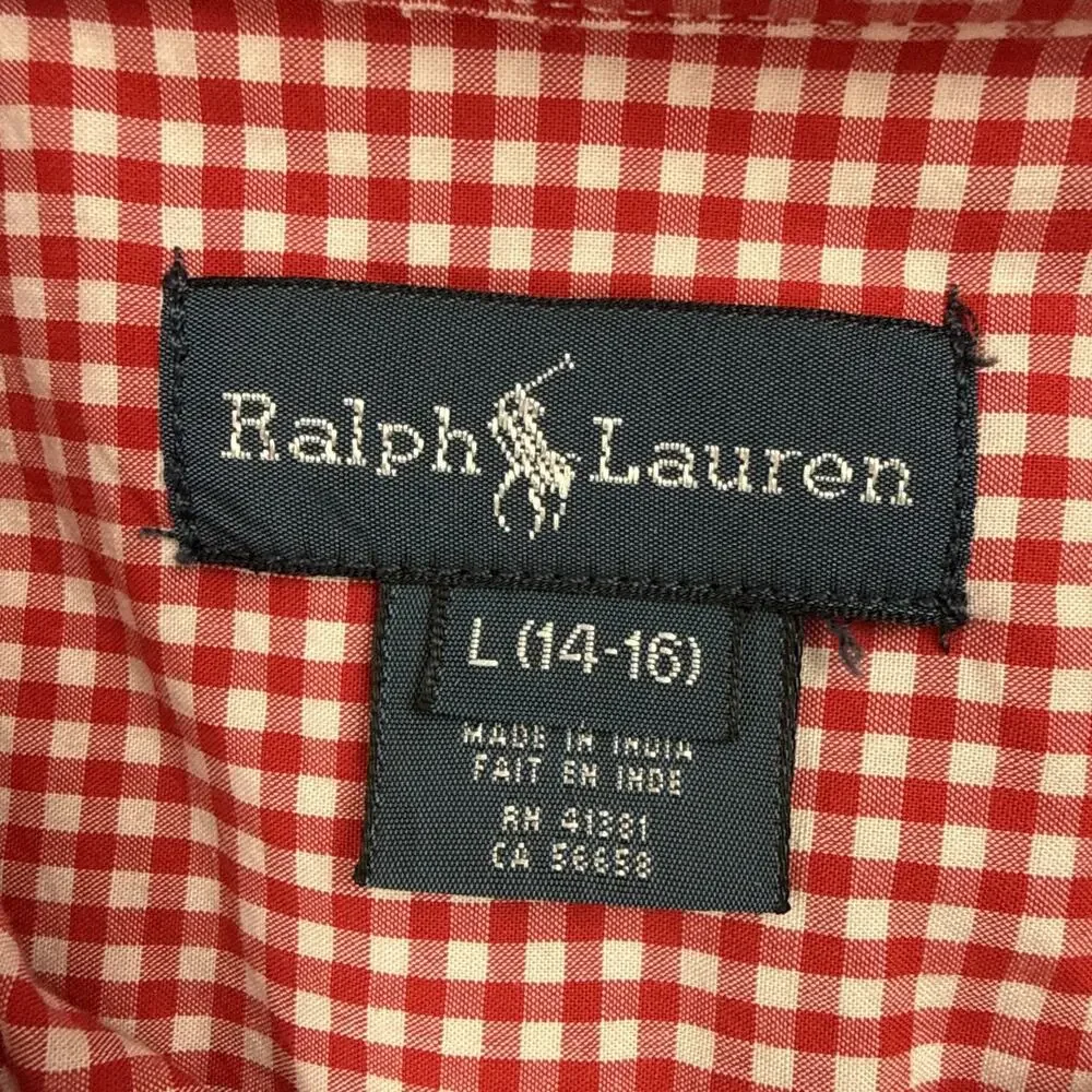 Ralph Lauren Boys 14-16 Red White Gingham Check Long Sleeve Button Down Shirt